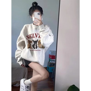 秋冬美式 灰色圆领小众卫衣女宽松百搭oversize超好看加绒加厚上衣