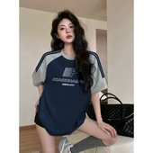 潮牌短袖 t恤女2025新款 爆款 美式 夏季 复古宽松藏蓝色条纹纯棉上衣
