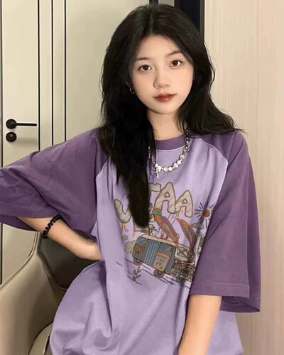 潮牌美式高街插肩短袖T恤女印花