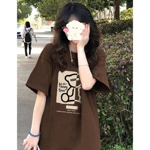 美式 体恤上衣 复古高街潮牌正肩短袖 T恤女夏港味chic宽松显瘦半袖