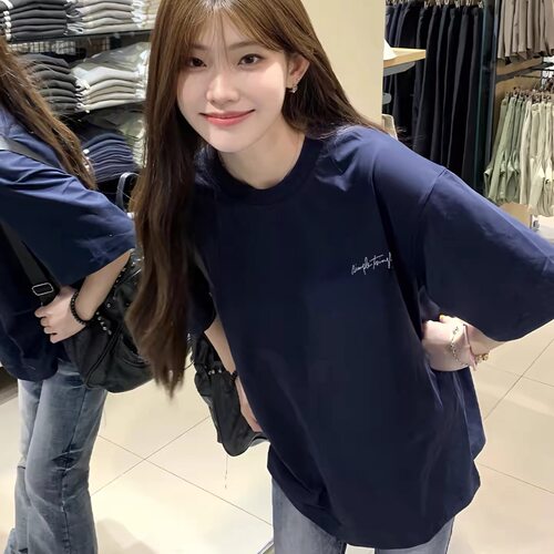 美式藏青色纯棉短袖t恤女