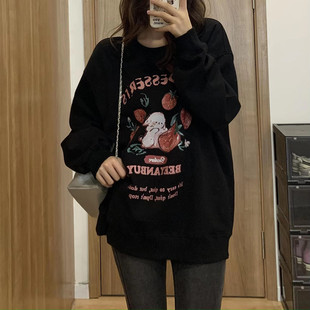 韩系chic慵懒风黑色圆领套头卫衣女2025早秋薄款设计感长袖上衣潮
