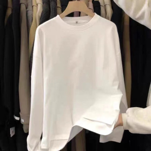 上衣春秋打底衫 欧货大码 大版 遮臀内搭宽松长袖 白色开叉t恤女长款