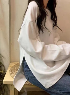 2025春秋长袖t恤女港味宽松学生白色T恤慵懒风开叉上衣cec超火潮