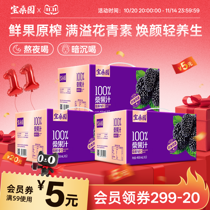 活动套餐】宝桑园纯桑葚原浆汁NFC桑果汁无添加糖36瓶饮料整箱