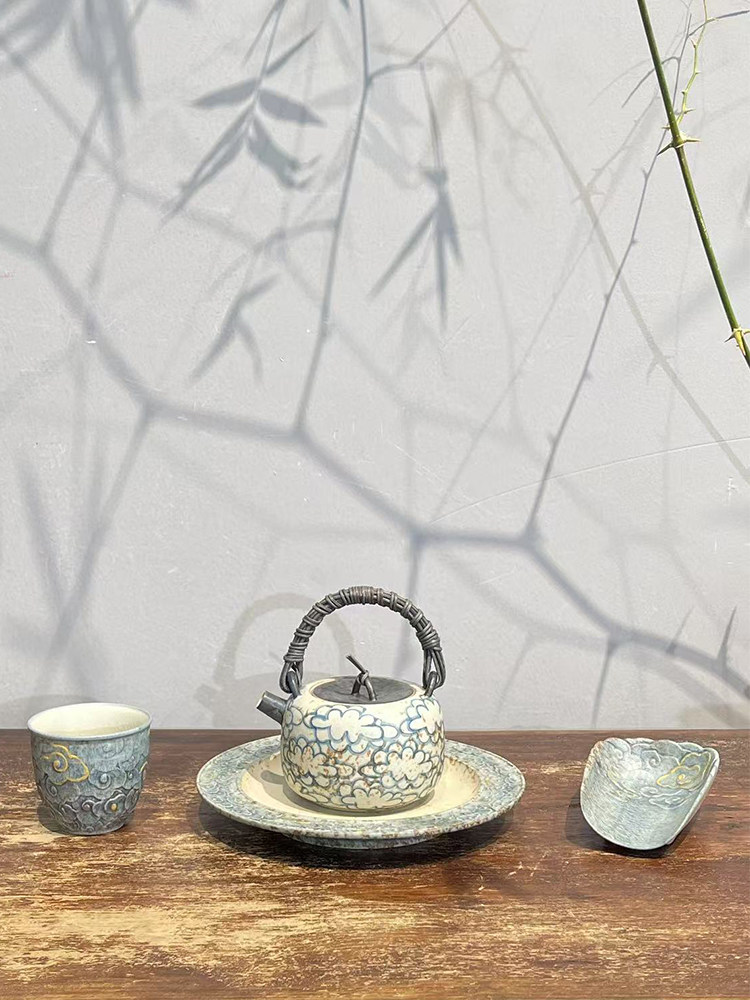 荆浙原矿粗陶手绘蓝灰祥云藤柄壶覆古家用陶瓷防烫茶壶单壶,餐饮具,茶壶,淘宝优惠券,粉丝福利购,淘宝优惠卷