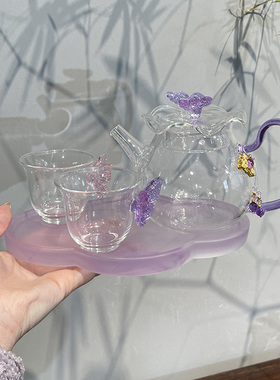 惊蛰 高硼硅玻璃一壶两杯套组紫色蝴蝶茶壶中式家用功夫茶具套组
