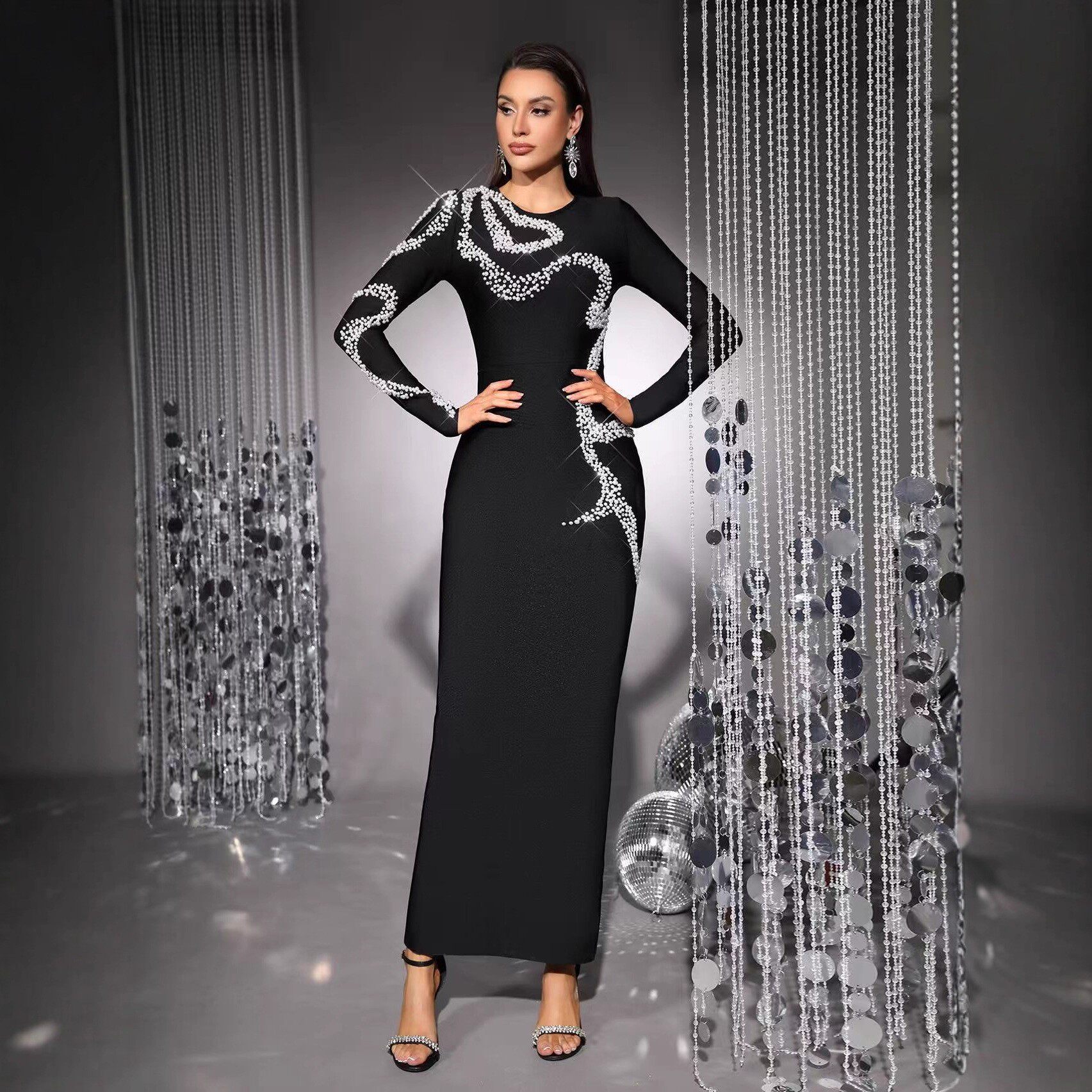 欧美黑色钉珠修身礼服绷带连衣裙