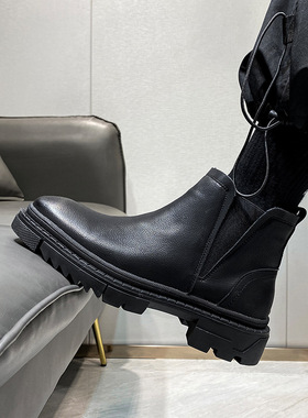 马丁靴男短靴厚底切尔西靴高帮男鞋黑色加绒皮靴s52-网红图