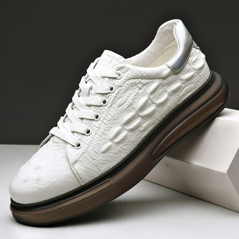 欧洲站男士休闲系带鞋牛皮压花鳄鱼纹小白鞋舒适厚底百搭潮流男鞋