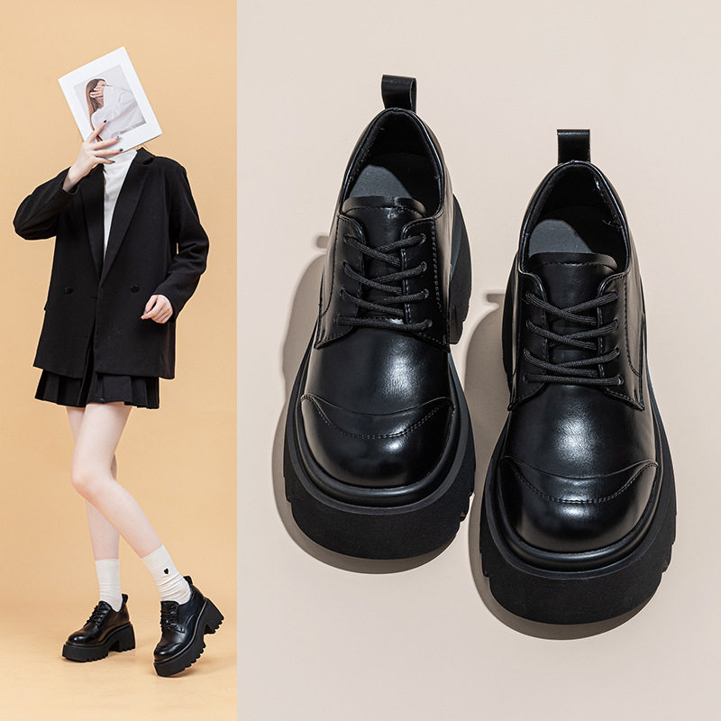 新款厚底粗跟乐福鞋女2025秋季漆皮高跟单鞋厚底内增高黑色小皮鞋