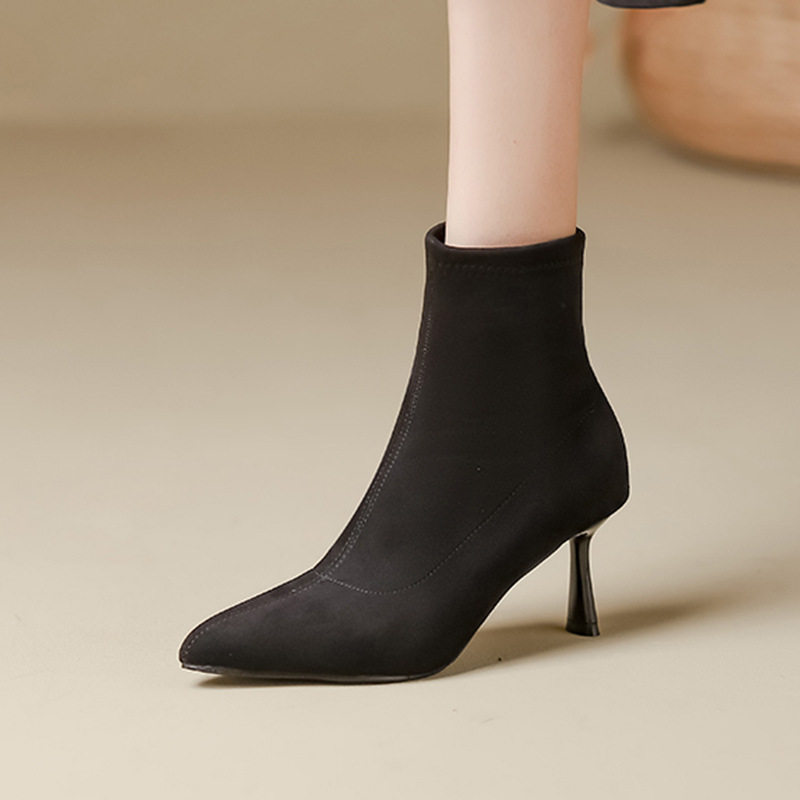 2026秋冬新款细跟黑色绒面弹力瘦瘦靴袜靴尖头高跟短靴女舒适