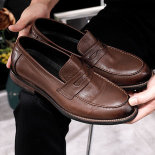 水洗复古固特异马皮乐福鞋一脚蹬休闲真皮大底皮鞋豆豆鞋正装皮鞋