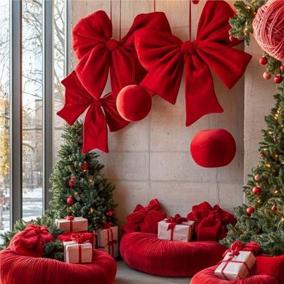 圣诞树摆件圣诞节蝴蝶结毛线球装饰圣诞礼物盒子堆头装扮场景布置