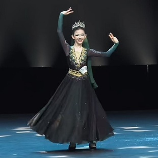 儿童桃李杯绿宝石民族表演服新疆维吾尔族舞蹈服艺考双层飘逸定制