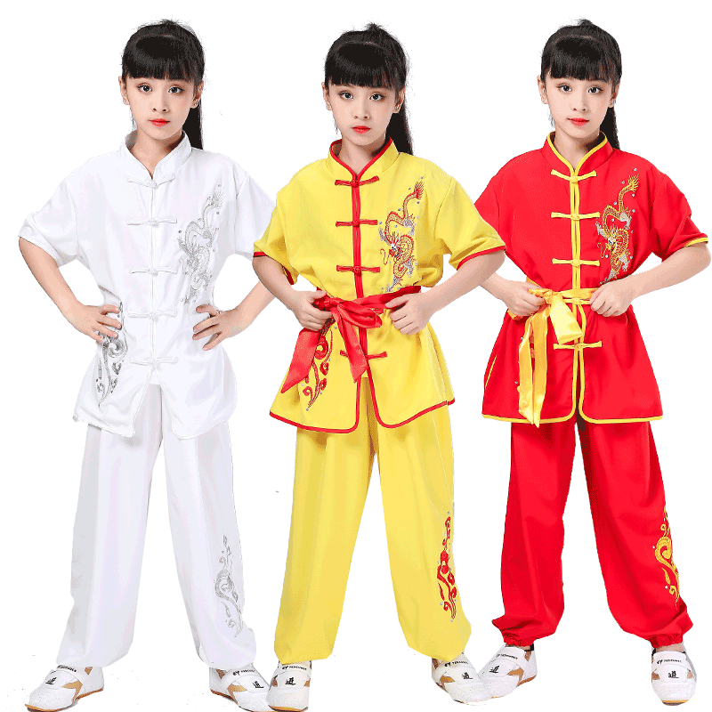 儿童武术练功表演服中国风男女短袖刺绣龙武馆训练比赛表演演出服