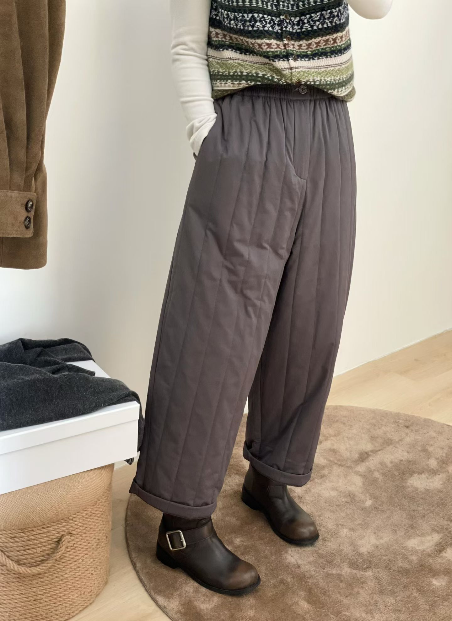 欧洲站2025冬季新款绗缝菱格棉裤直筒裤保暖夹棉女裤阔腿萝卜裤