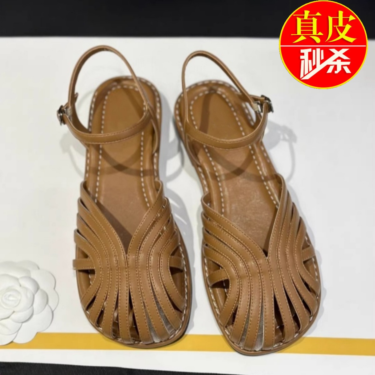 真皮复古罗马鞋女夏季平底凉鞋子