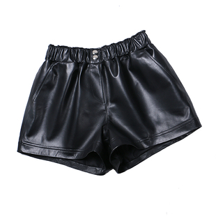2024新款真皮短裤女士宽松显瘦松紧高腰皮裤a字阔腿裤绵羊皮纯皮