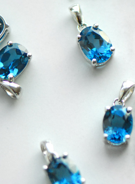 纯银镶嵌伦敦蓝托帕石刻面吊坠