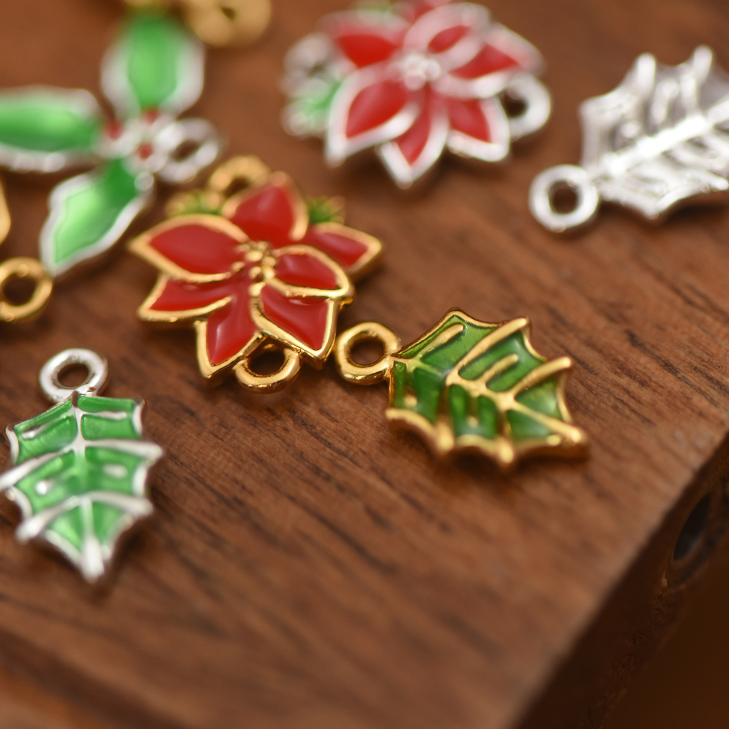 【DSz】纯铜铸造镀金银圣诞花圣诞叶挂件吊坠滴釉diy手工饰品配件