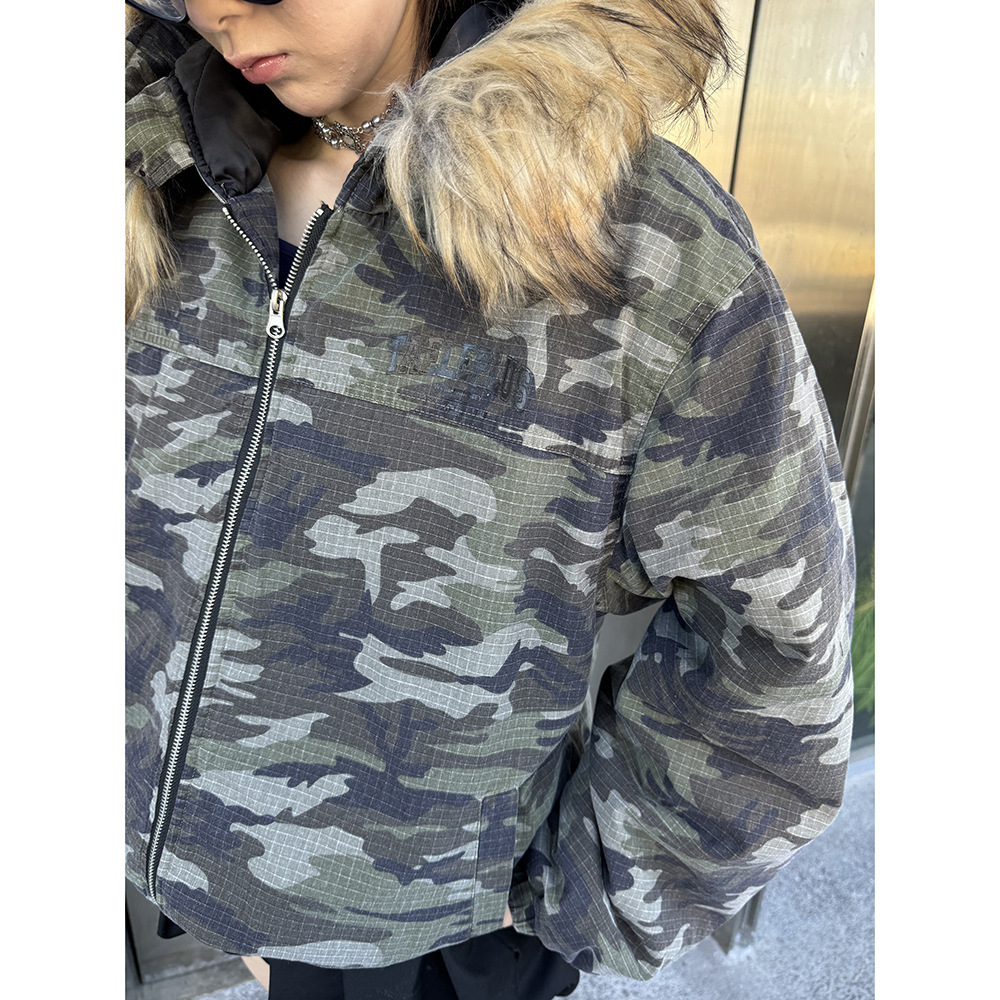 自然男装 日系潮牌2025冬季新款迷彩可拆毛领飞行棉服外套男女款