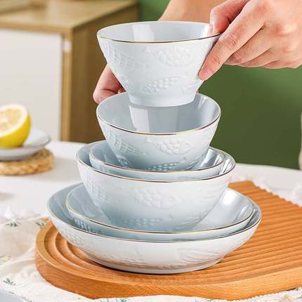 家用米饭碗金边钻石碗套装创意日式小碗纯色陶瓷面碗吃饭碗泡面碗