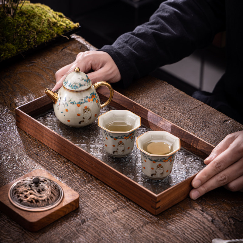 瓷中三昧青玉汝窑柿柿如意一壶两杯美人壶茶具茶杯员工商务礼盒装