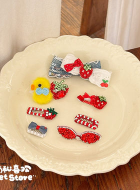 秋冬牛仔红色草莓宠物狗狗猫咪头饰发夹发卡头饰发饰比熊泰迪