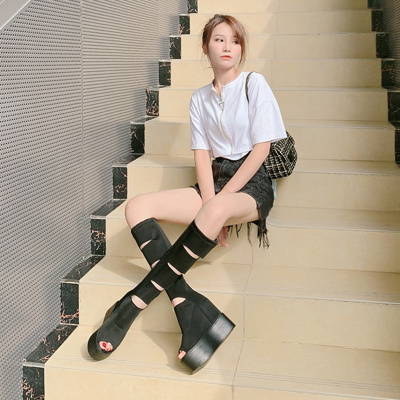 鱼嘴长靴女2025新款凉靴厚底内增高时尚凉鞋超高跟镂空罗马瘦瘦靴