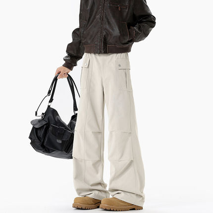 GTLA线上店铺叁佰TTBRO新品褶皱拼接多口袋微喇宽松大码工装裤子