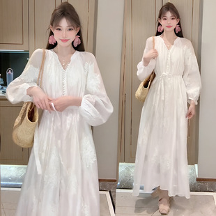 法式高级感绣花天丝长袖连衣裙26春秋宽松慵懒风绝美纱裙长裙夏装