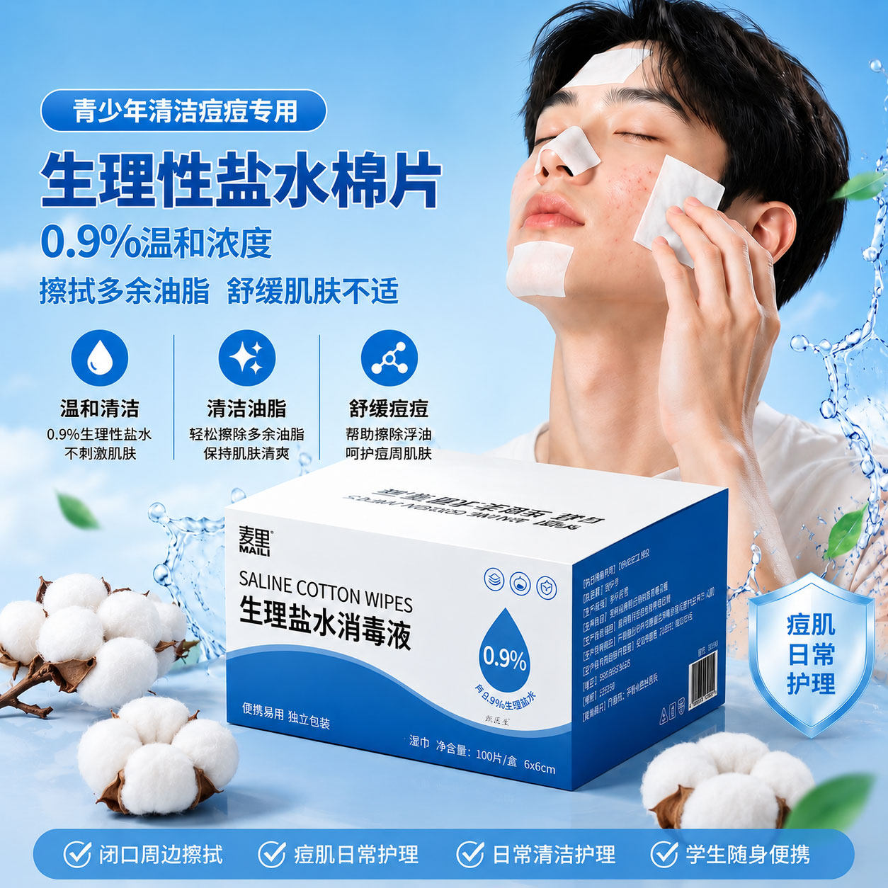 青少年生理性盐水湿巾湿敷专用棉片敷脸脂肪粒痘痘清洁100片正品