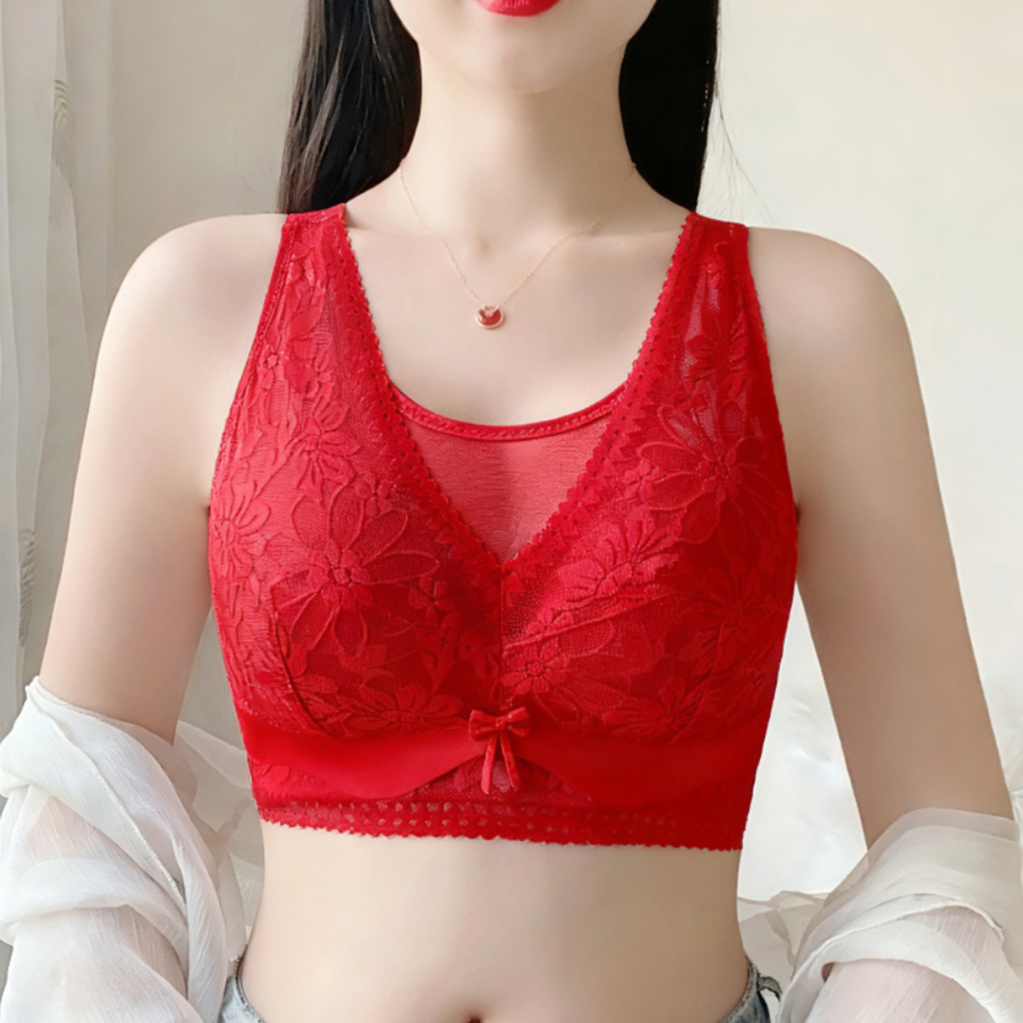 本命年红色大码抹胸内衣女大胸显小文胸超薄款胖聚拢收副乳防下垂