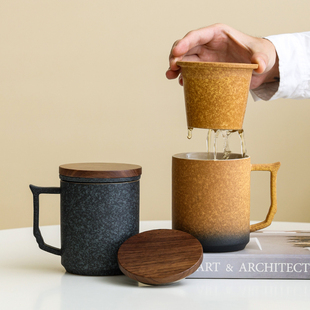 水杯办公室个人专用带盖过滤茶水分离杯子 陶瓷顶梁马克杯简约中式