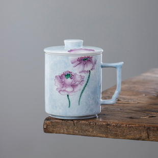 手绘荷花办公杯高颜值女生泡茶杯茶水分离杯植物花卉带盖陶瓷水杯