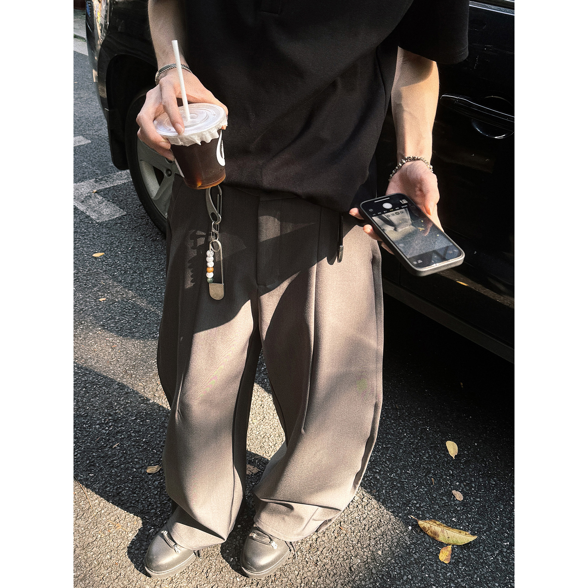 TROUBLE AND 美式复古弯刀裤灰色西装裤vibe阔腿廓形镰刀工装裤子