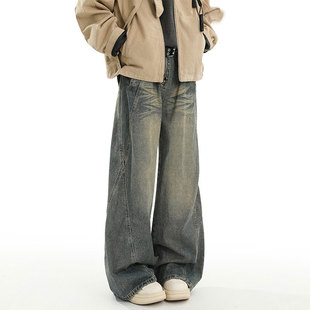美式复古水洗泛黄杂花纹牛仔裤男春秋季潮牌休闲裤宽松直筒阔腿裤
