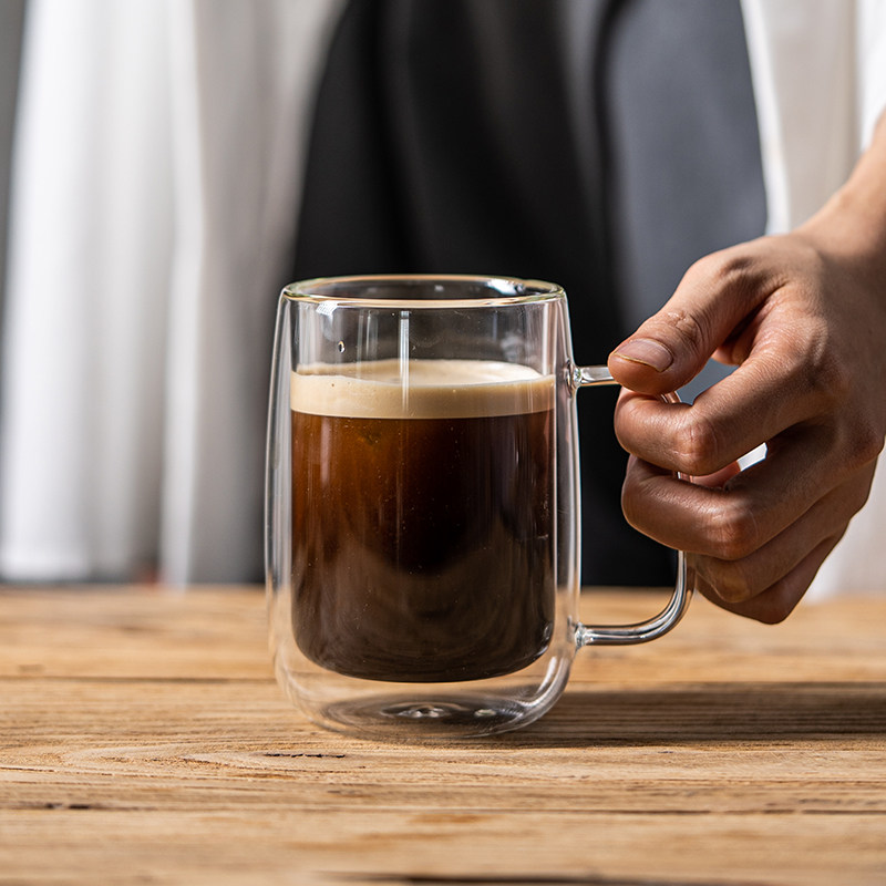 双层隔热玻璃咖啡杯带把手马克杯耐高温高硼硅透明拿铁牛奶水杯子