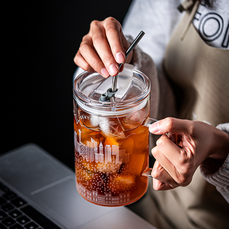 1000ml玻璃水杯男生超大容量吸管杯透明带把夏季耐高温创意大茶杯