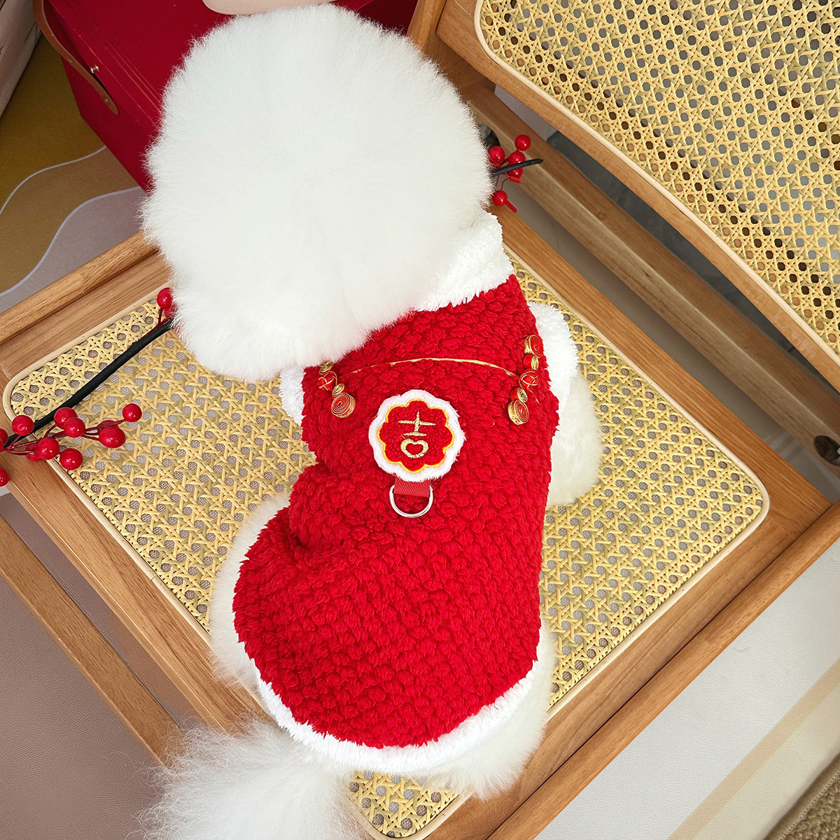 新年款宠物冬装国风刺绣吉字加绒保暖狗狗猫咪衣服比熊毛绒唐装