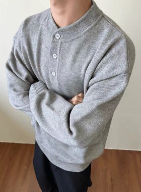 春秋日系复古纯色圆领薄款毛衣男女亨利领半开胸纽扣针织衫上衣
