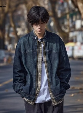 秋冬套装日系复古水洗做旧牛仔夹克男女宽松休闲立领叠穿外套整套