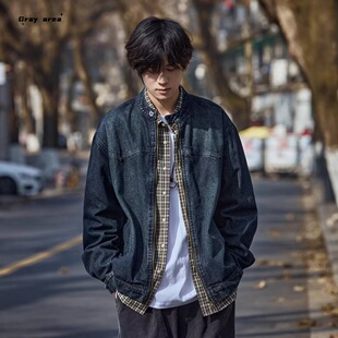 秋冬套装 日系复古水洗做旧牛仔夹克男女宽松休闲立领叠穿外套整套