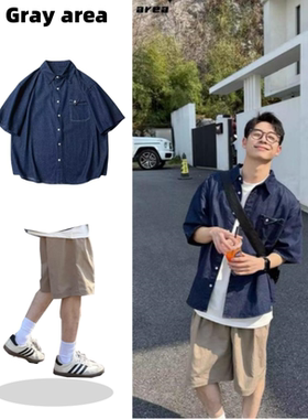 夏季套装日系复古工装蓝色牛仔短袖衬衫男女宽松休闲衬衣叠穿外套