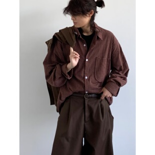 春秋季日系复古红色格子衬衫男女款日常休闲宽松口袋单穿格纹衬衣
