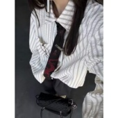 复古泡泡纱白色条纹翻领衬衫 春秋季 美式 男女cleanfit高级感衬衣