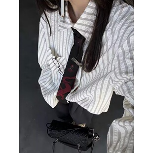 男女cleanfit高级感衬衣 复古泡泡纱白色条纹翻领衬衫 春秋季 美式