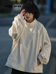 秋冬日系cityboy半高领摇粒绒套头卫衣男女oversize保暖打底上衣