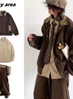 秋冬日系套装复古格子外套男女学院风拼接刺绣宽松休闲格纹夹克